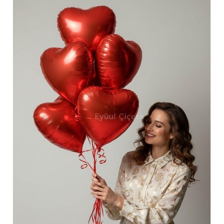 Kırmızı Renk 45 cm Kalp Folyo UÇAN Balon Demeti 6 Adet (HELYUMLU)